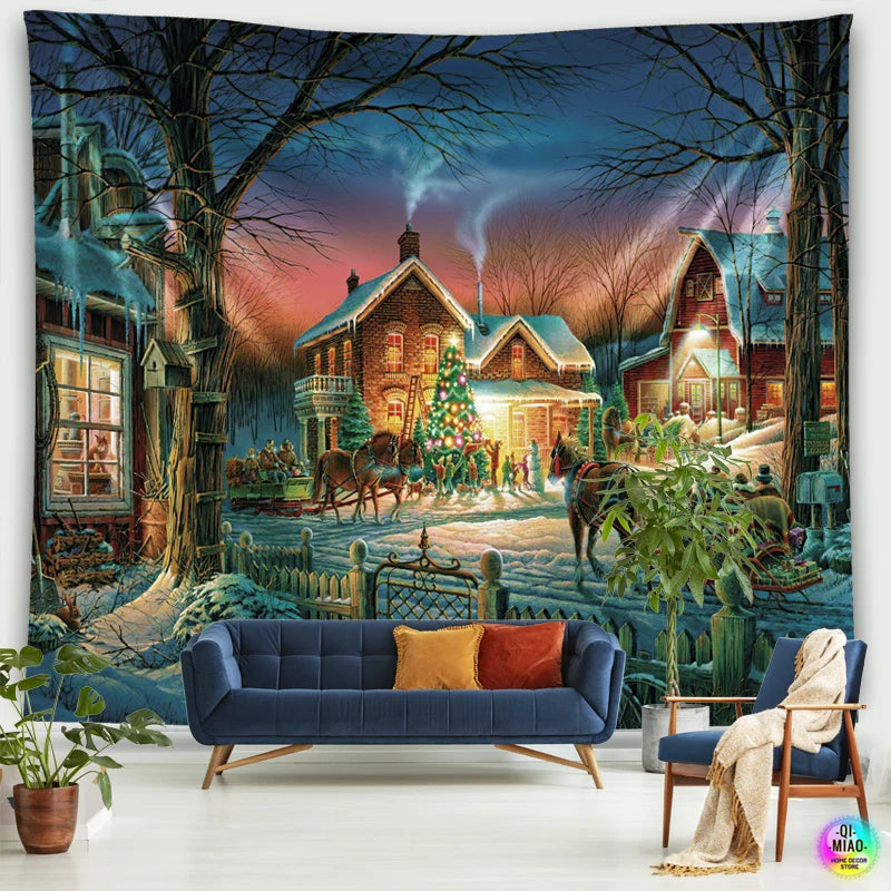 Merry Christmas Tapestry Fireplace Wall Hanging Tapestries Christmas Tree  Room Decoration Santa Claus Home Wall Decor  Large