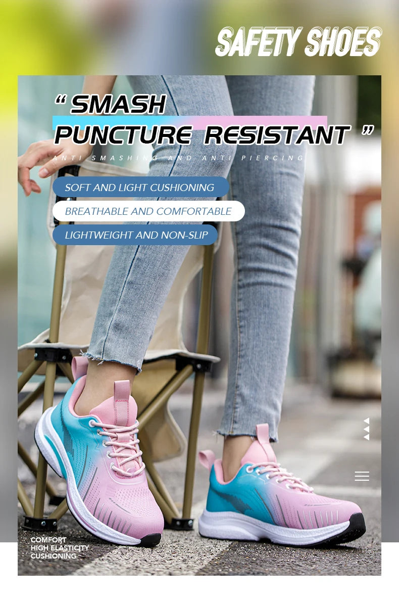 Safety Shoes for Women Steel Toe Sneakers Anti-Punctur Lightweight Boots Female Pink Breathable Hiking Boots Comfortable Shoes