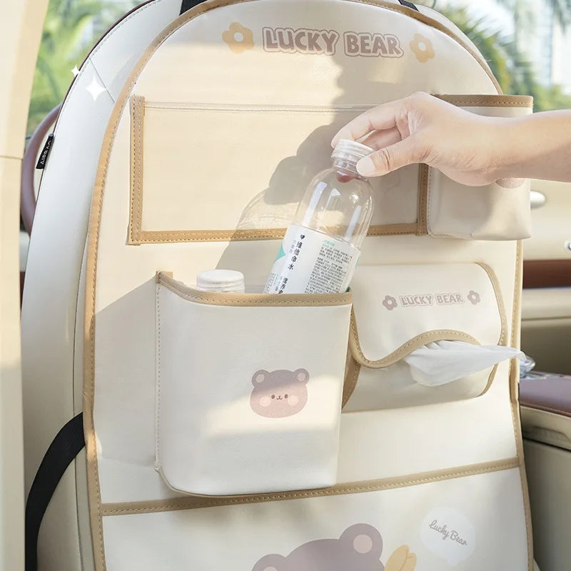 Cute Cartoon Car Seat Back Storage Bag Leather Multifunction Car Backseat Organizer Cup Holder Tissue Holder Anti Kick Pad