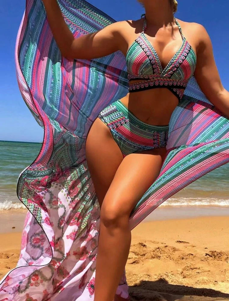 Vintage National Bikini: CXTAQV Cross Front Halter Wire-Free Chain - Mesh Cover Ups 3 Teiliges Set High Waist Plus Size