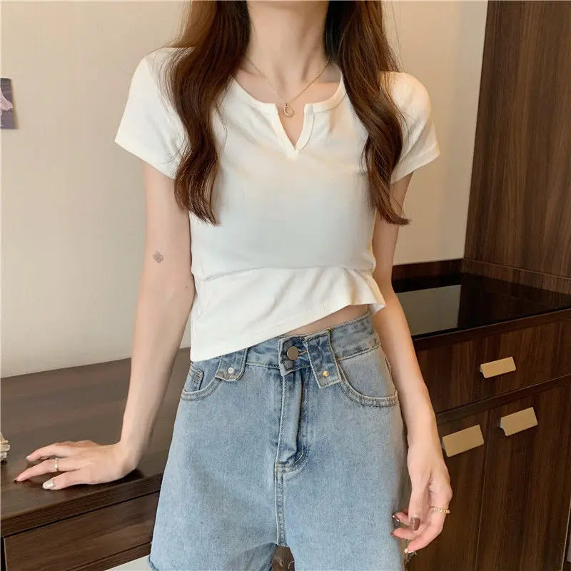 Damen Crop Top 2025 - Summer Short T-shirt V-neck Solid Color Slim High Waist