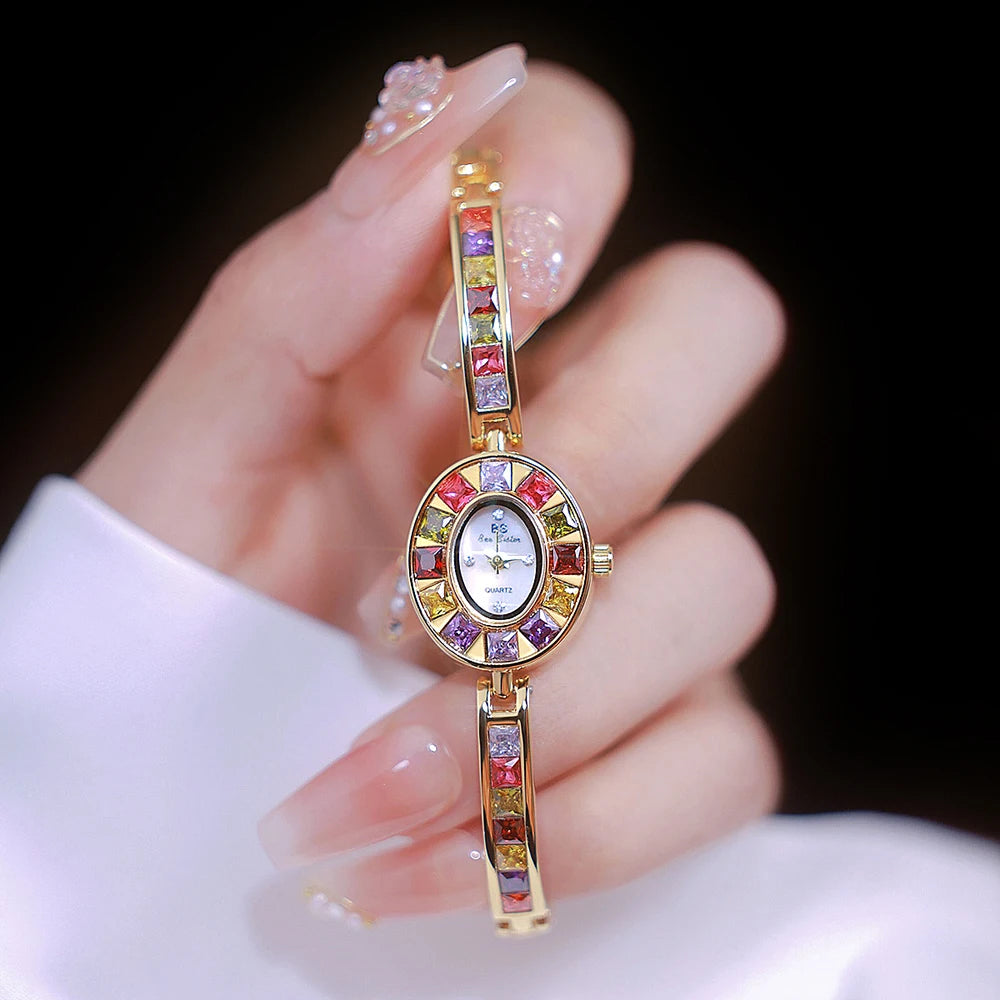 Womens Watch Luxury Fashion Quartz Wristwatches Colored Rhinestone Small Silver Bracelet Watches For Women Gifts