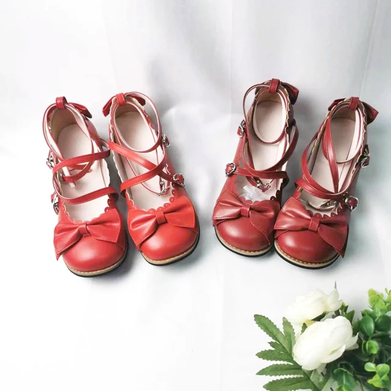 Lolita Schuhe Damen 2025 - Flats Low Round Cross Straps Schleife - Süße Mädchen Prinzessin Tea Party Schuhe Studenten 34-41