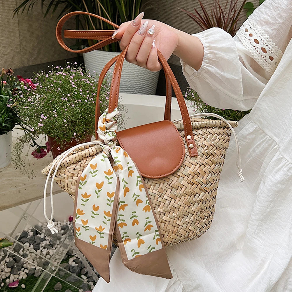 Women Straw Woven Tote Bag Summer Beach Bags Large Capacity Tote Clutch Bags with Ribbon Chic Hobo Bag for Party Vacation