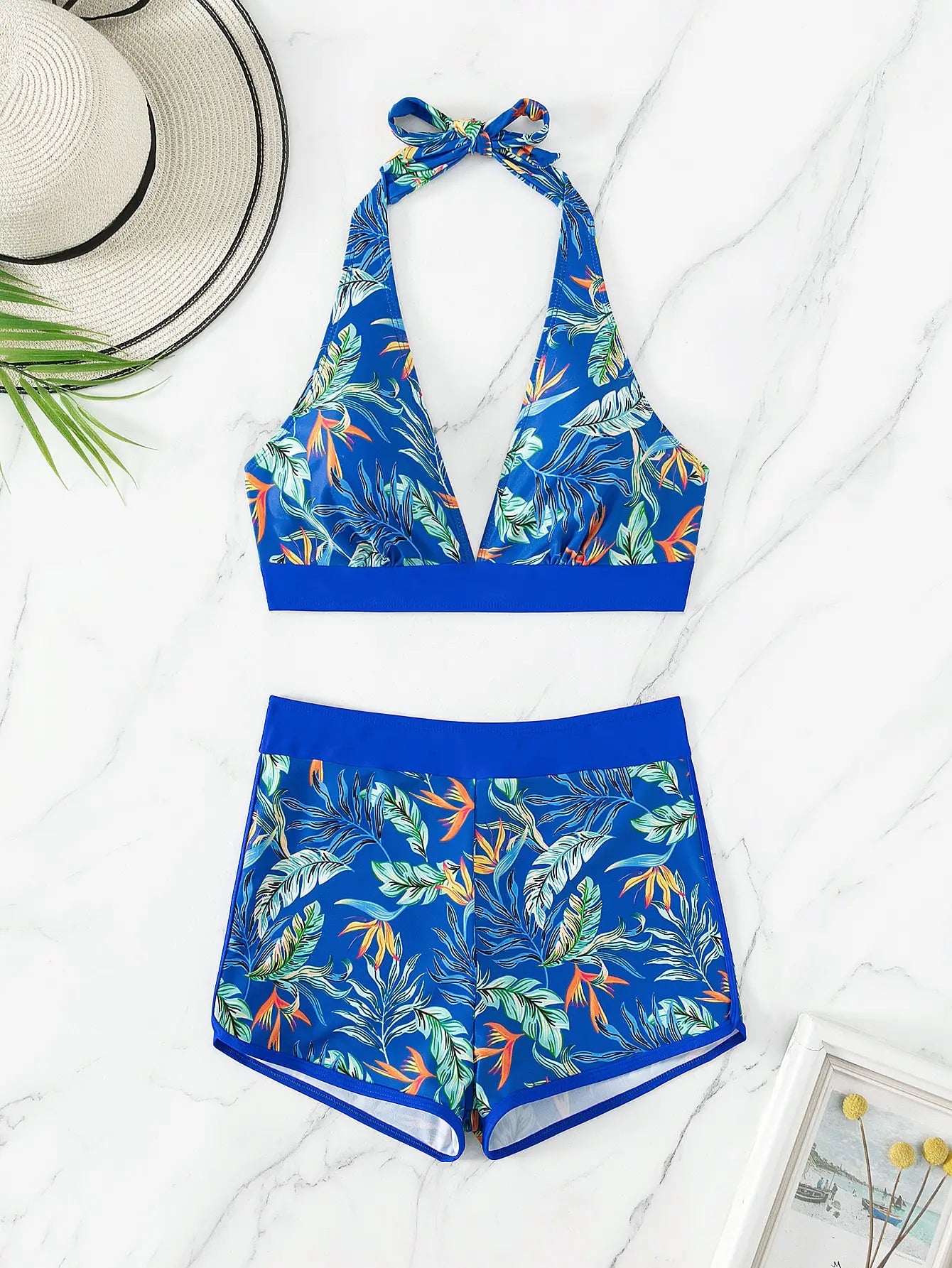 Halter Bikini Set: High Waist Design Wire-Free Support Spandex Polyester - Kurzer Schwimmanzug Frauen Bedruckte Bademode Polsterung Strandmode