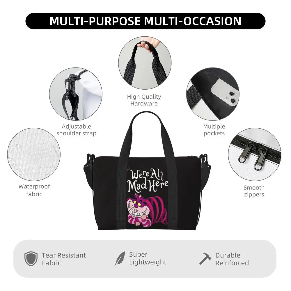 Custom Cheshire Cat Beach Tote Bag for Women We're All Mad Here Cat Big Compartment Gym Beach Travel Bags