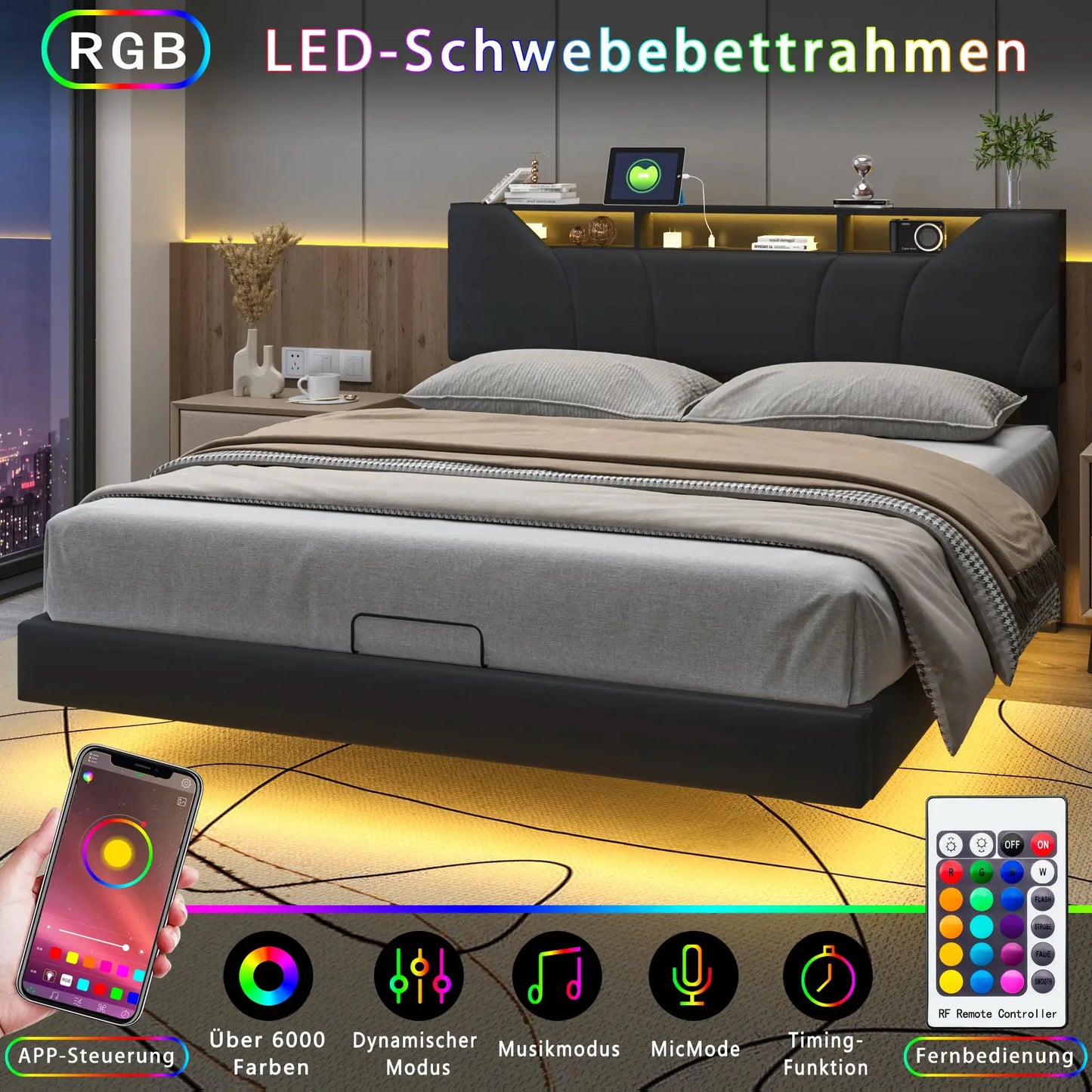 Schwebendes Bett Mit LED Beleuchtung Und Stauraum Lattenrost