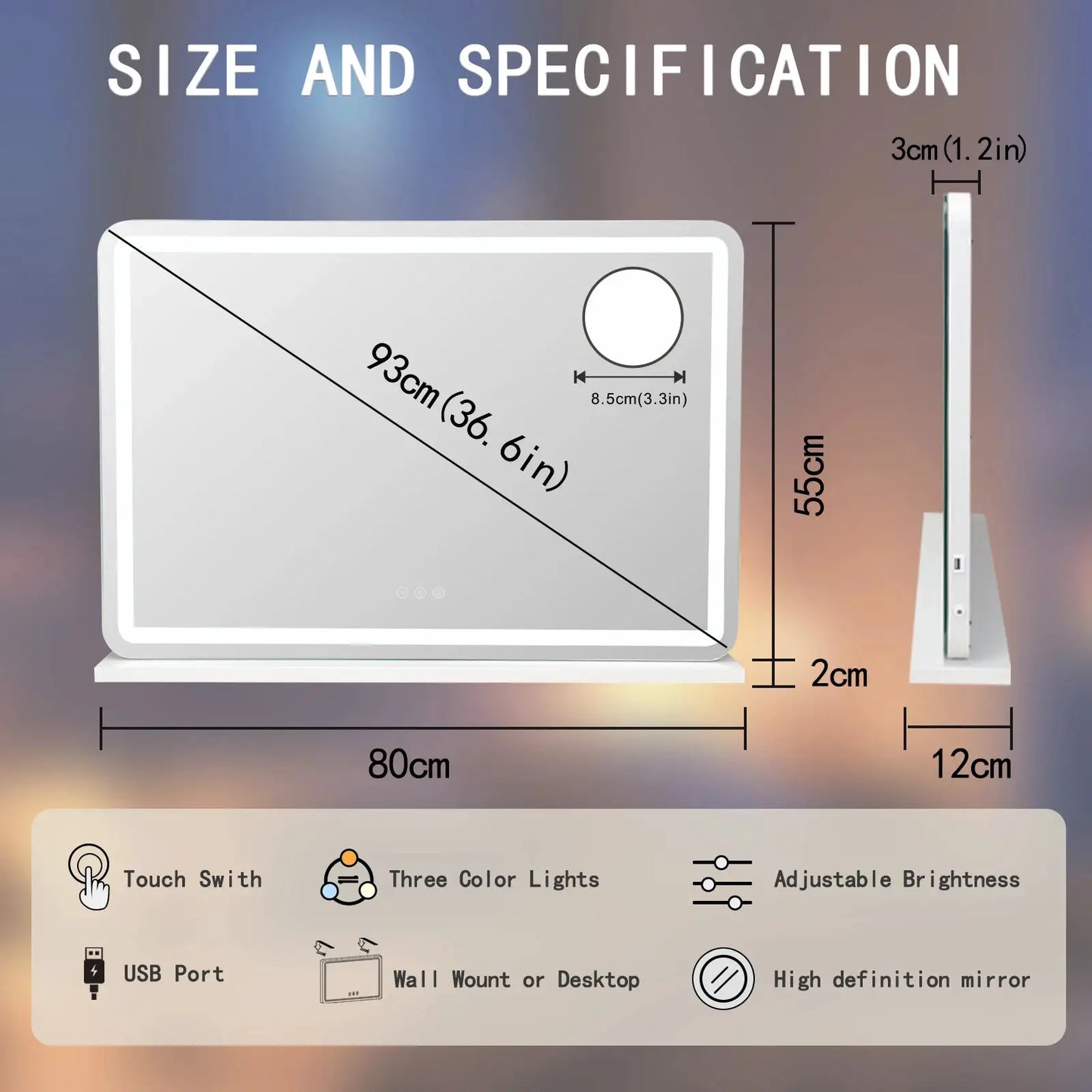 Schminkspiegel - Vierseitige LED Beleuchtung, Touchsteuerung, 80 cm