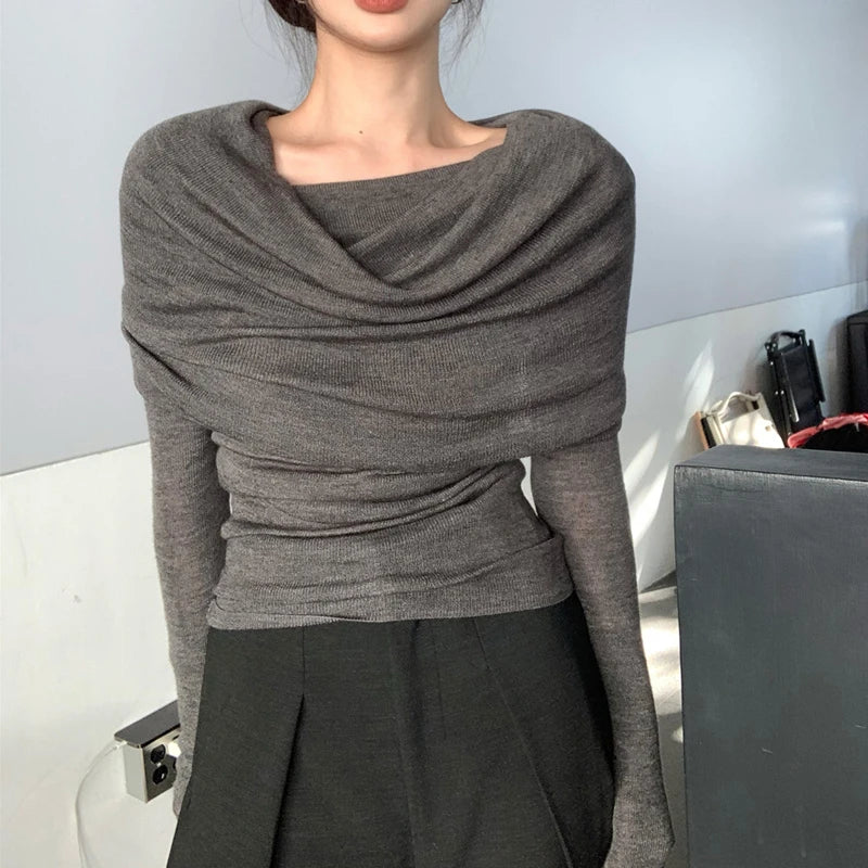 Elegant Fashion Off Shoulder Women Blouse New Pile Collar Knitted Shirt Ladies Office Casual Undershirt Gray Tops Mujer Blusas