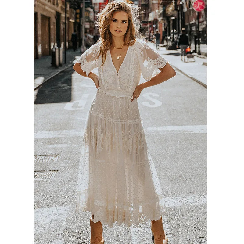 Boho style girl dress white cotton lace sleeveless long summer