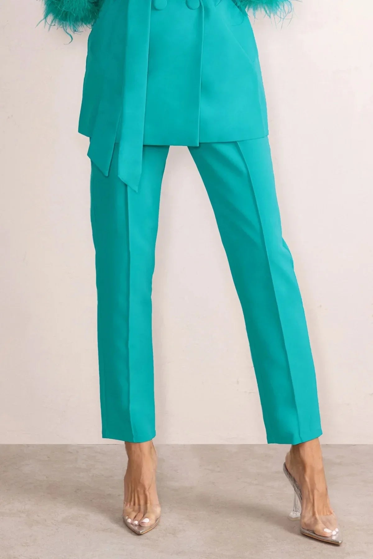 Elegant Women 2 Piece Set Solid Notched Neck Blazer Zipper Long Pants Feather Upright Coat Ladies Suit Fall Winter Office Wear