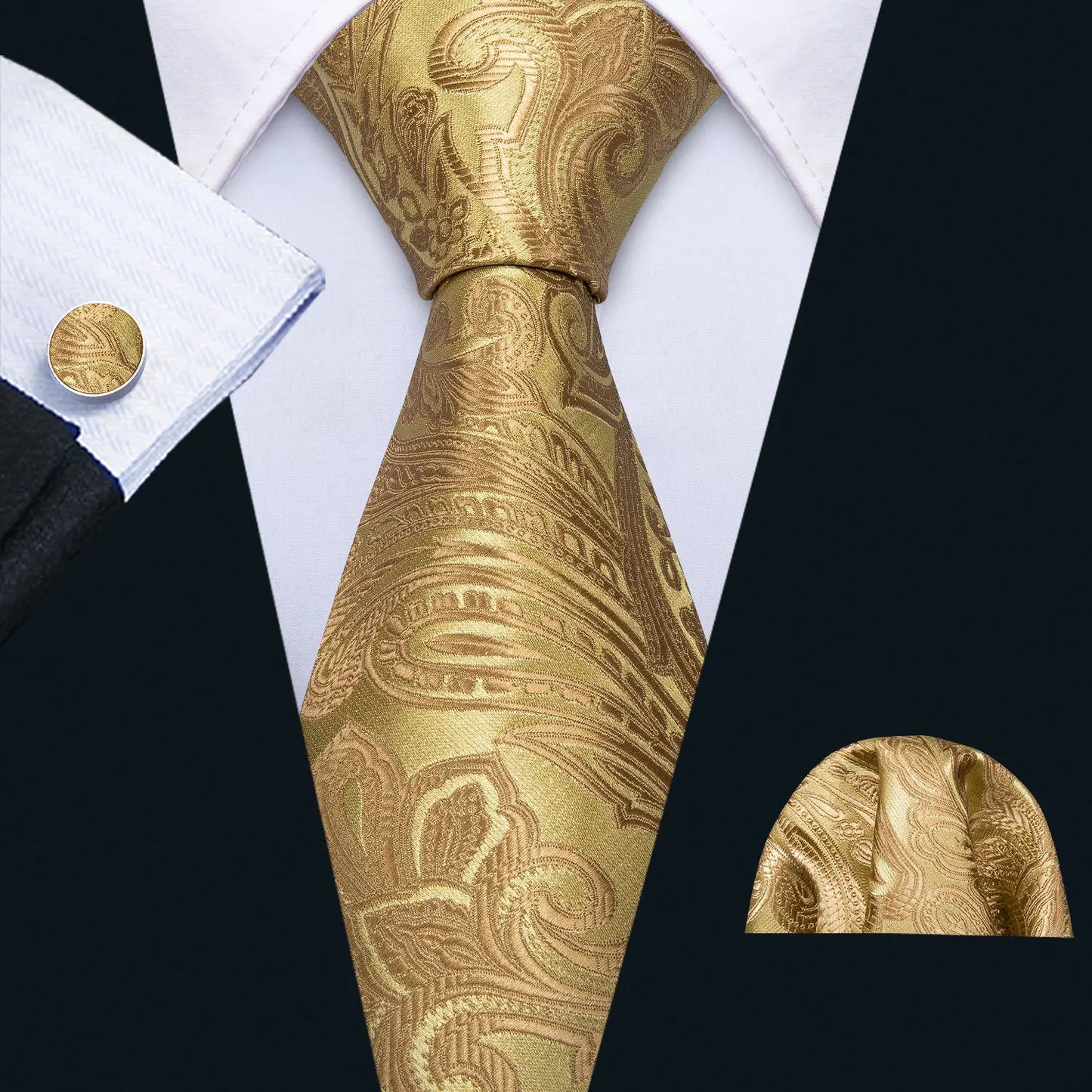 Fashion Silk Men Tie Set Gold Yellow Orange Solid Paisley Striped Plaid Floral Necktie Pocket Square Cufflinks Wedding Business