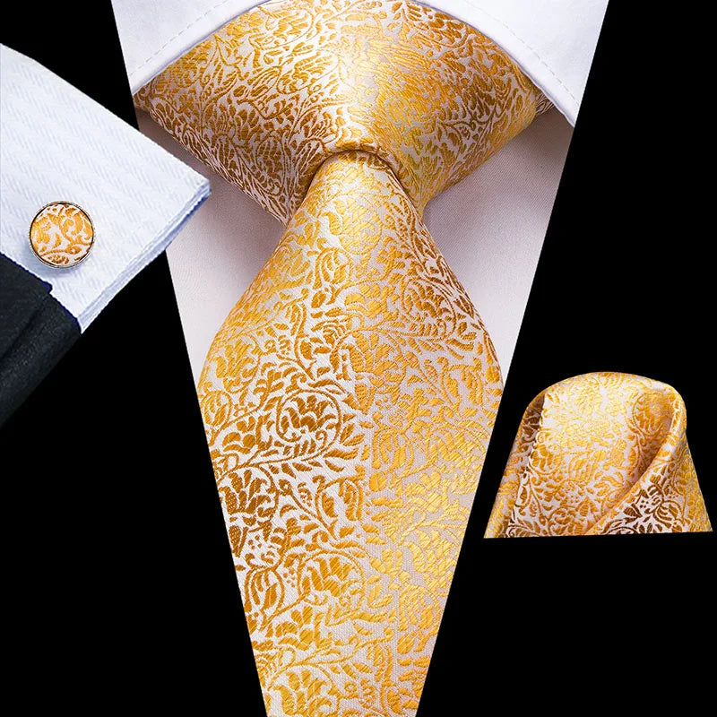 Hi-Tie Seiden-Herren-Krawatten-Set Blumenmuster Gelb Gold Krawatten und Taschentücher Manschettenknöpfe-Set Herren-Hochzeits-Party-Anzug-Mode-Halskrawatte C-3053