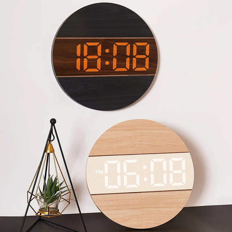 LED Digital Wall Clock Wooden Large Round Screen Automatic Brightness Adjustment 12/24H Hanging Clock Home Living Room Decor