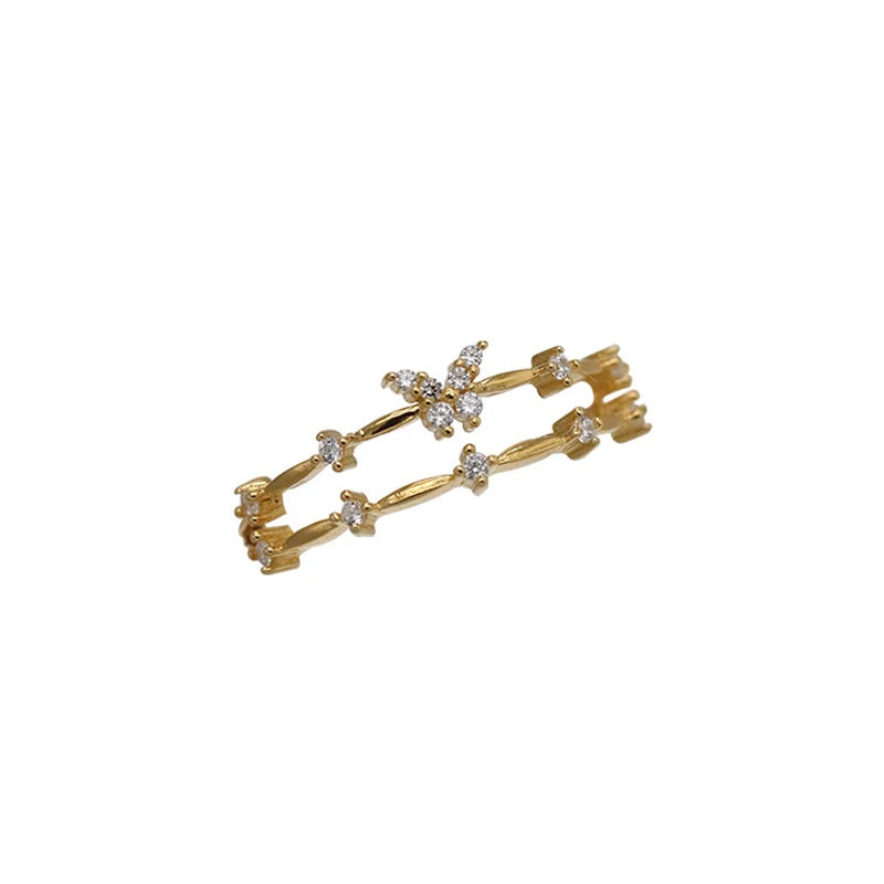 ANENJERY Silver Color Zircon Butterfly Double Layer Adjustable Ring For Women Light Luxury Shiny Accessories Girl Gift