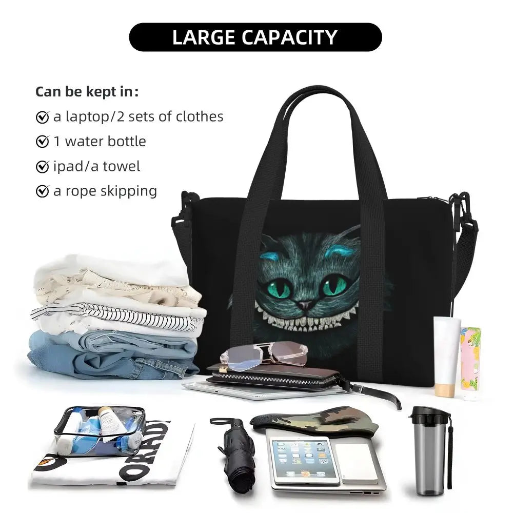 Custom Cheshire Cat Beach Tote Bag for Women We're All Mad Here Cat Big Compartment Gym Beach Travel Bags