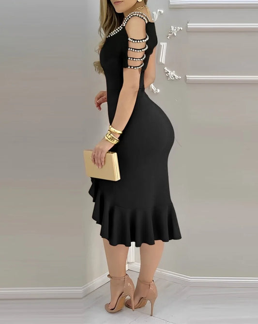 Elegante Frauen Kleid Perlen Dekoration - Schwarz S M L