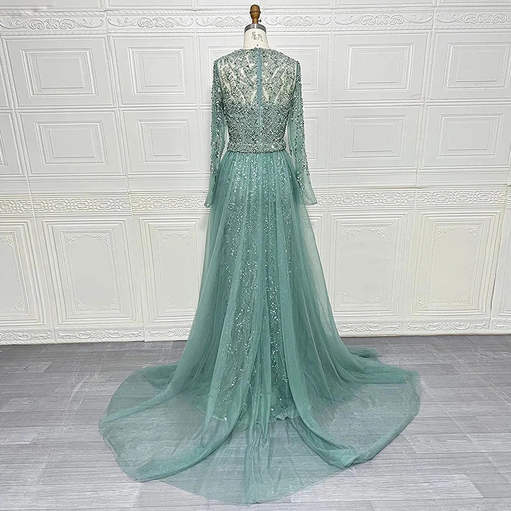 Elegant Evening Dress for Women 2025 Muslim Long Sleeves Mermaid Detachable Train Beads Formal Prom Wedding Party Gown Customizd