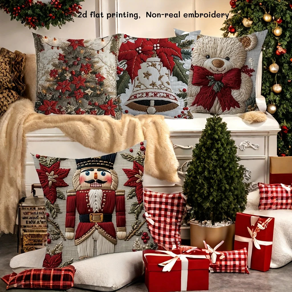 4pcs Christmas Pillow Covers - Nutcracker, Bear & Lily Print, 2D Embroidery Style, Holiday Decor for Sofa Bed