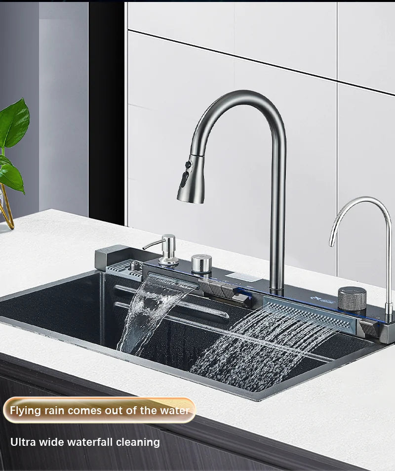 304 Stainless Steel Waterfall Kitchen Sink Large Single Slot Integrated Digital Display Faucet Set Soap Dispenser Cup Washer