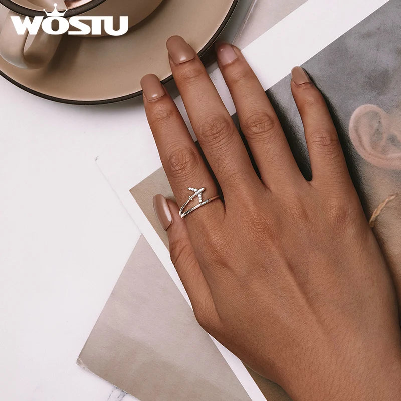 WOSTU 925 Sterling Silver Platinum Airplane Double Layer Rings Women Shining Zircon Airplane Ring Party Bijuterii Girl Holiday Gift