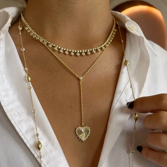 Gold Color Bead Chain Love Heart Pendant Micro Pave Sparking Cz Long Y Lariat Sexy Necklace Women Boho Sweater Chain Jewelry