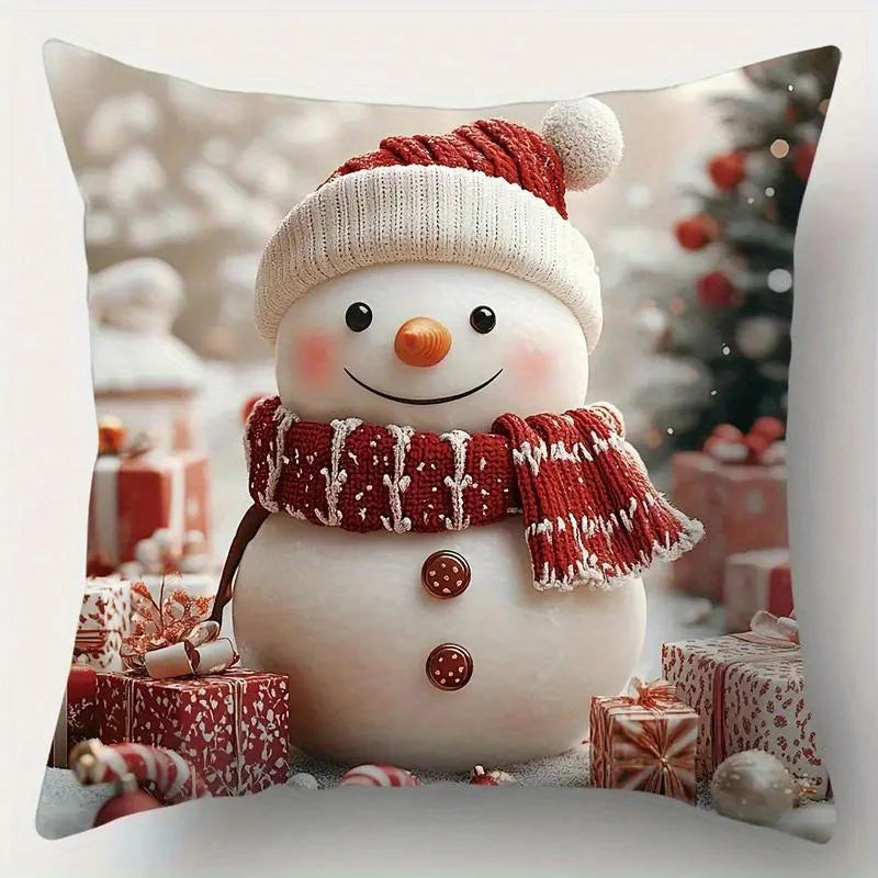 Modern Christmas Pillow Covers Set of 4, Snowman Reindeer Santa Design, Soft Polyester Zippered  for Living Room Decor