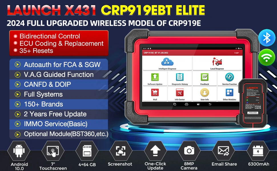 LAUNCH CRP919E BT OBD2 Scanner CAN FD DOIP FCA Full System Car Diagnostic Tools ECU Coding Bidirectional Control 31+ Service