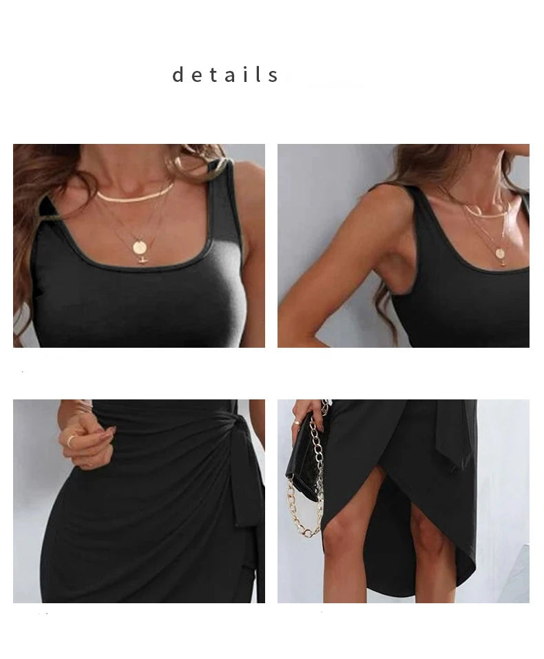 Elegant Office Lady Sundress for Women Black Lace Up Dress Spring Summer Irregular Strap Vest Dress Split Square Collar Outfit