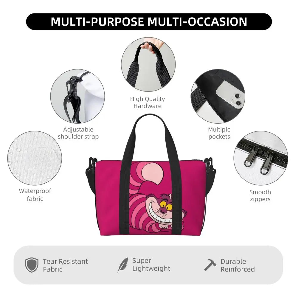 Custom Cheshire Cat Beach Tote Bag for Women We're All Mad Here Cat Big Compartment Gym Beach Travel Bags
