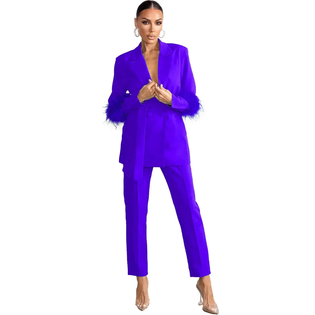 Elegant Women 2 Piece Set Solid Notched Neck Blazer Zipper Long Pants Feather Upright Coat Ladies Suit Fall Winter Office Wear