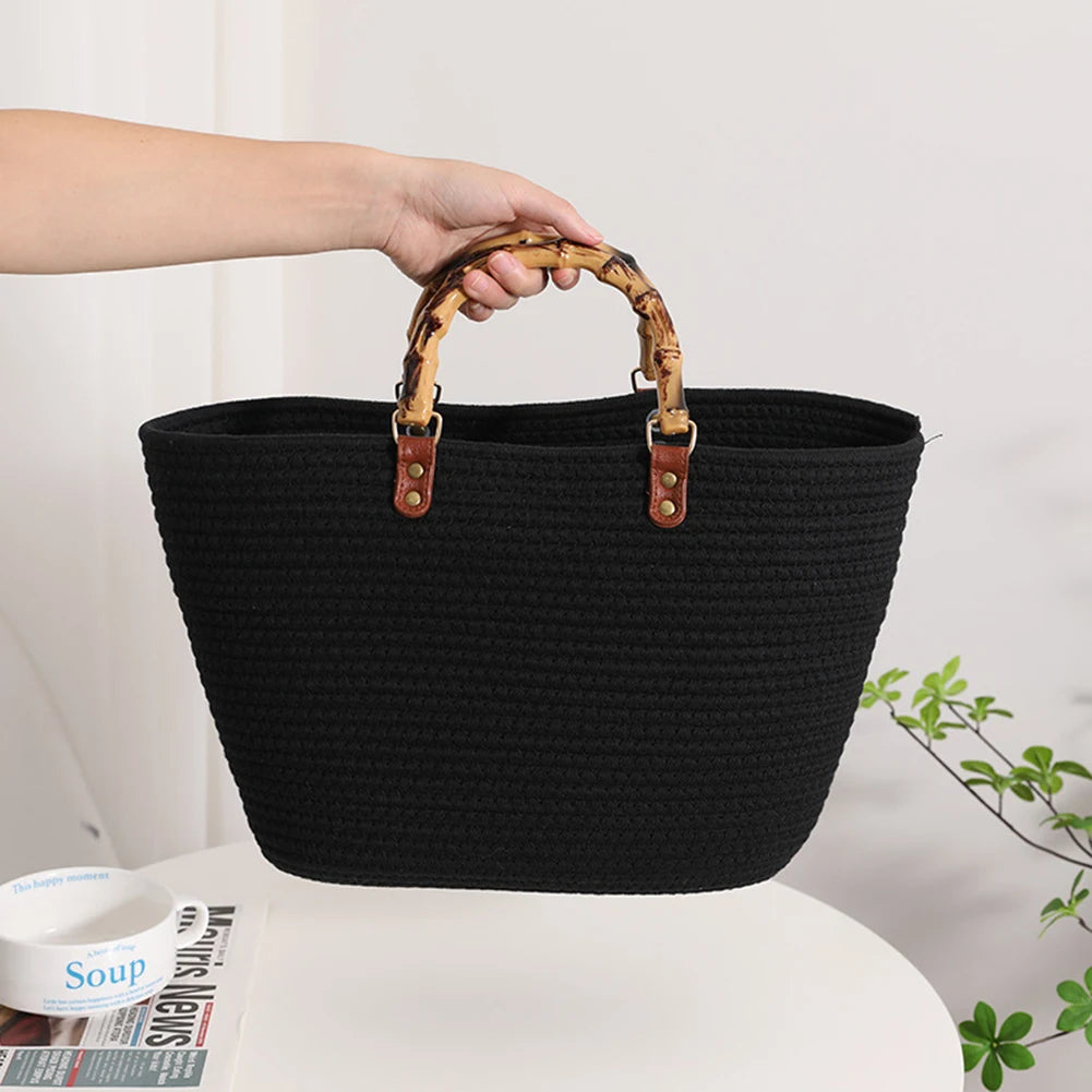 Beach Vacation Bags Bamboo Handle Holiday Hand Bag Large Capacity Striped Portable Casual Fashion Exquisite for Seaside Party