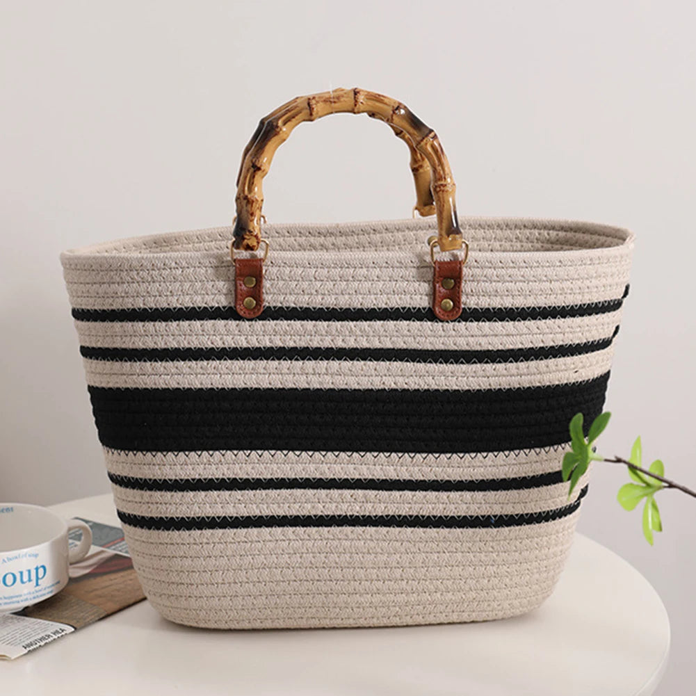 Beach Vacation Bags Bamboo Handle Holiday Hand Bag Large Capacity Striped Portable Casual Fashion Exquisite for Seaside Party