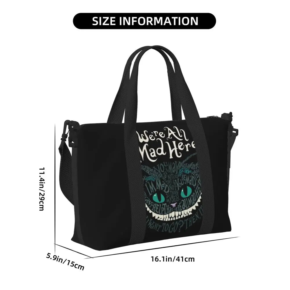 Custom Cheshire Cat Beach Tote Bag for Women We're All Mad Here Cat Big Compartment Gym Beach Travel Bags