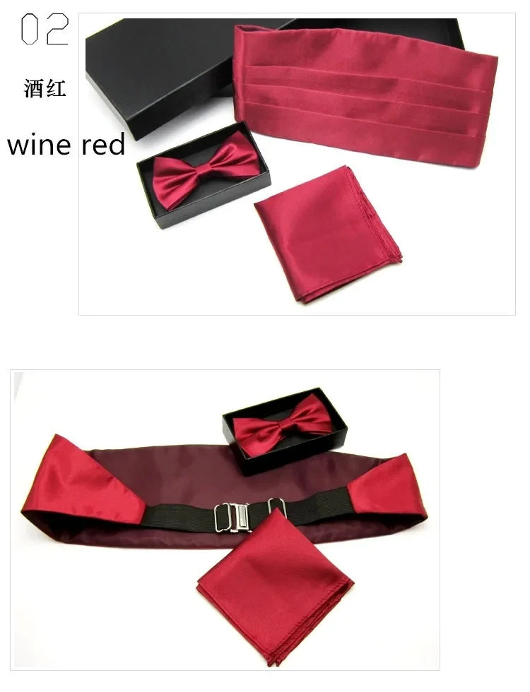 Mens Wedding Tuxedo Bow tie Set Cummerbund Hanky Pocket Towel Black Red White Silver Solid Bowtie Cravat