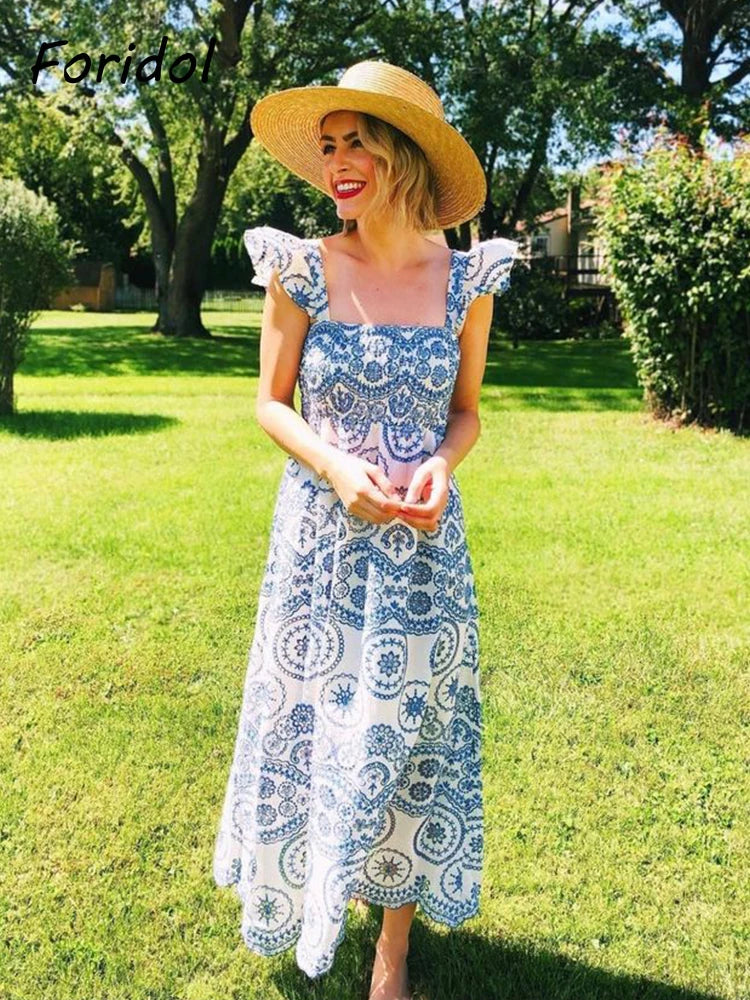 Blue Floral Embroidey Summer Beach Dress Women Casual Holiday Bohemian Dress Boho Sundress Maxi Long Vestidos Fashion Clothes