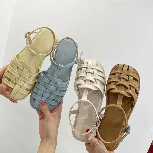 Frauen Flach Römisch Sandalen Sommer Neu Casual Runder Kopf Leicht Rutschfest Gewebt Schuhe Sommer Einfarbig Schnalle Hausschuhe