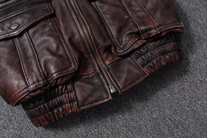 New Men's Genuine Leather Jacket Vintage Stone Milled Top Layer Cowhide Bomber Jacket A2 Brown Men's Calfskin Motorcycle Jacket
