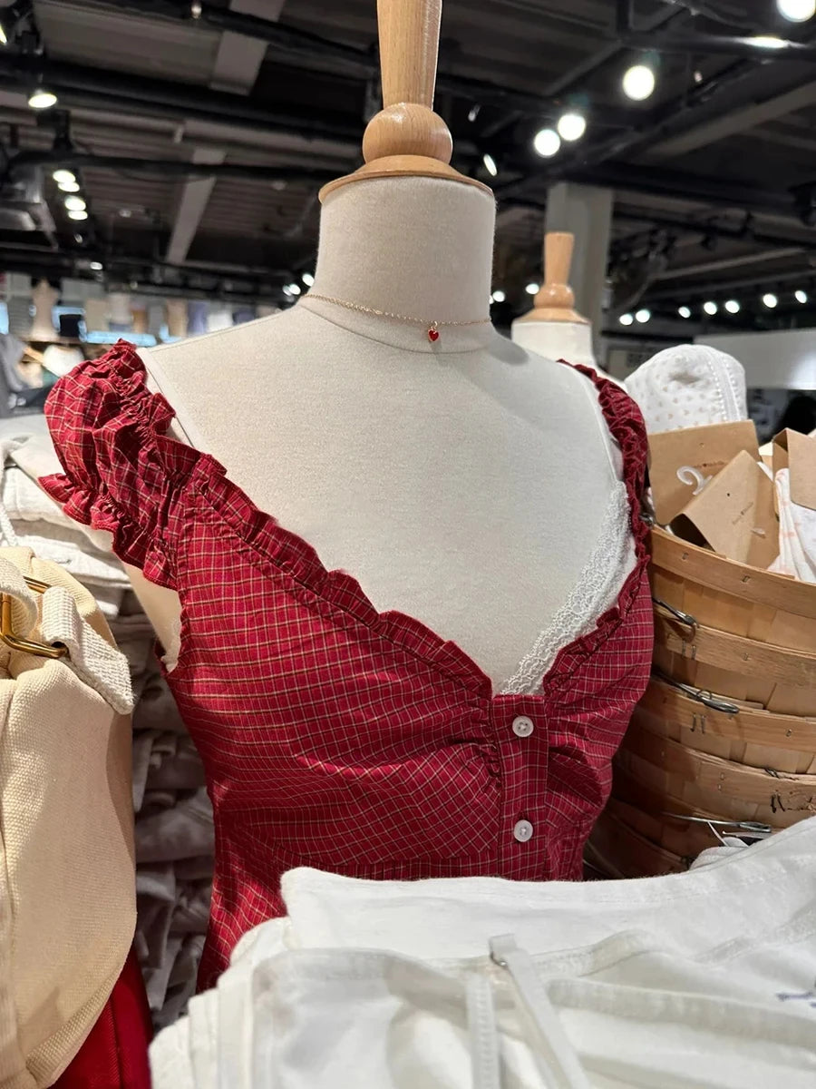 Blue Plaid Ruffles T-shirt Women Summer Folds V-neck Single Breasted Short Sleeve Tee Shirts Sweet Girls Cotton Slim Crop Top