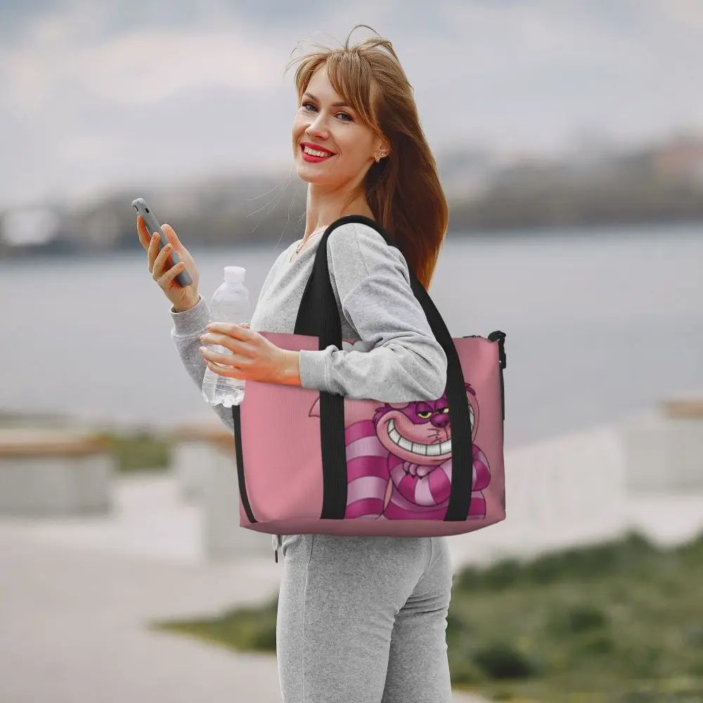 Custom Cheshire Cat Beach Tote Bag for Women We're All Mad Here Cat Big Compartment Gym Beach Travel Bags