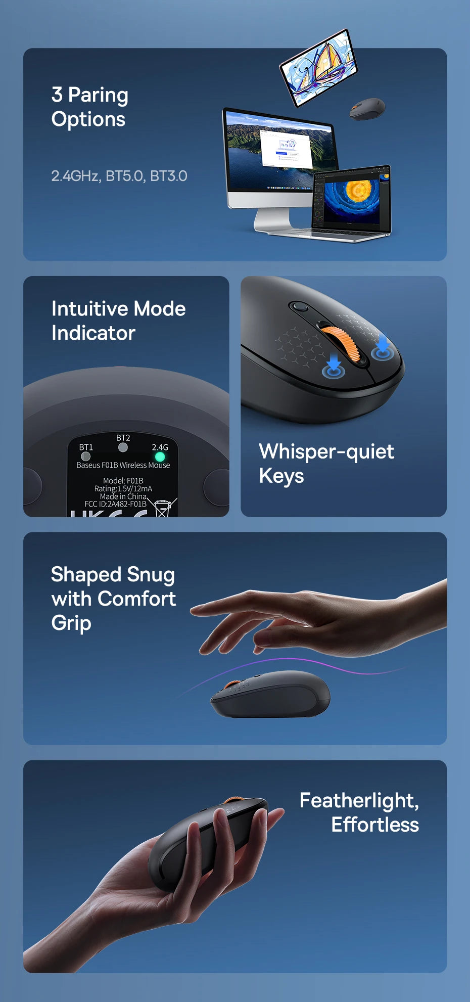 Baseus Maus 1600DPI Silent - Bluetooth/2,4GHz, kompakt