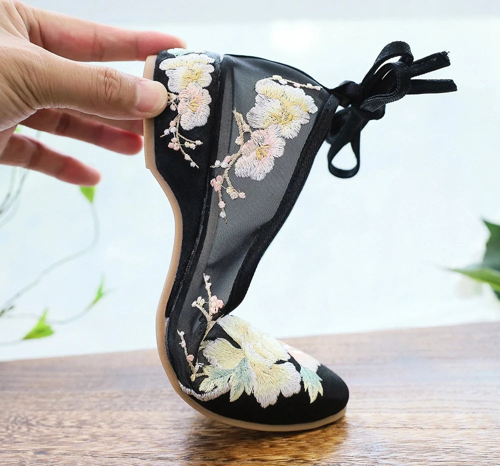 Ballerinas 2025: Veowalk Long Ankle Strap Summer Women Gauze Mesh - Embroidered Ballet Flats Breathable Comfortable Walking Shoes Elegant Lady Collection