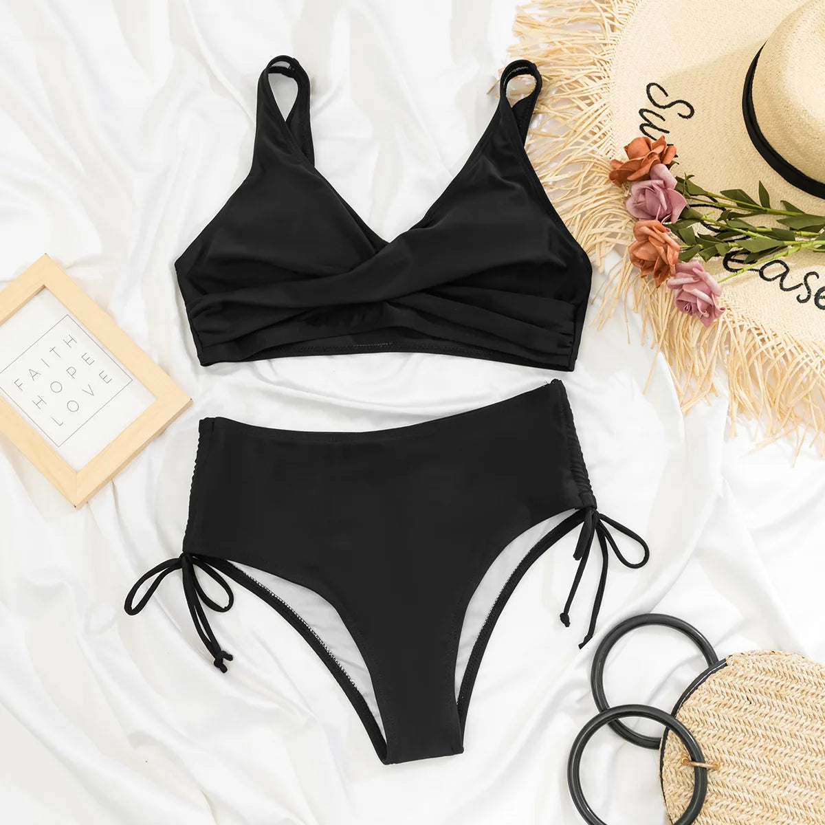 Elegant High Waist Bikini Set: SEAURAL Verbesserte Unterstützung Bandage Wire-Free Support - Schwimmbekleidung Frauen Strappy Floraler Print Zweiteilig