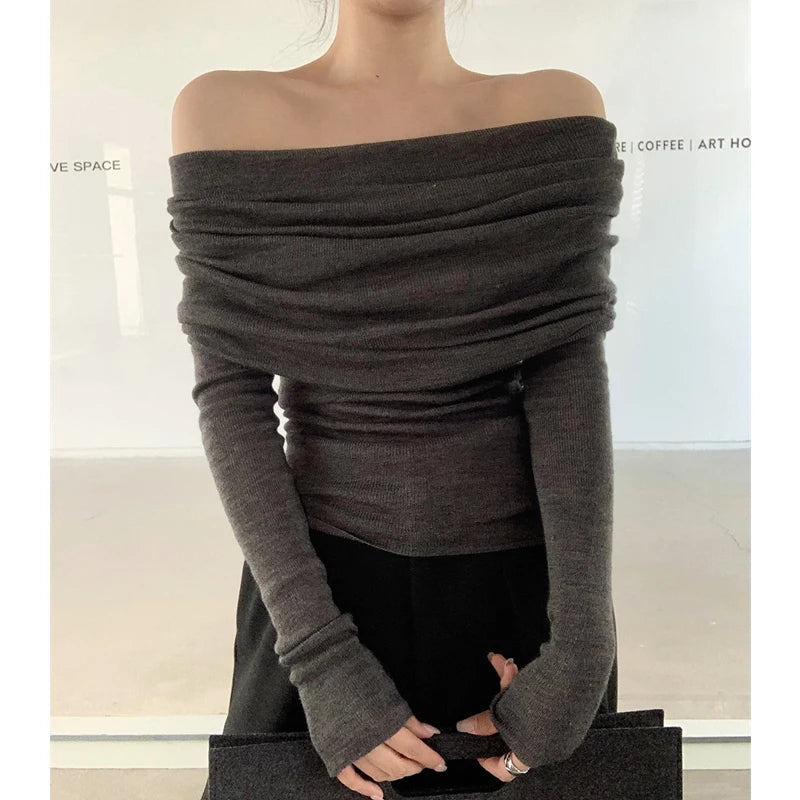 Elegant Fashion Off Shoulder Women Blouse New Pile Collar Knitted Shirt Ladies Office Casual Undershirt Gray Tops Mujer Blusas
