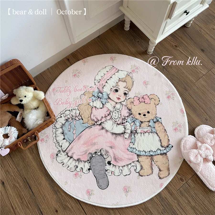 Soft Carpet Cartoon Bear Doll Carpets Round Rectangular Livingroom Rugs Kawaii Girl Lolita Retro Bedroom Bedside Cashmere Carpet