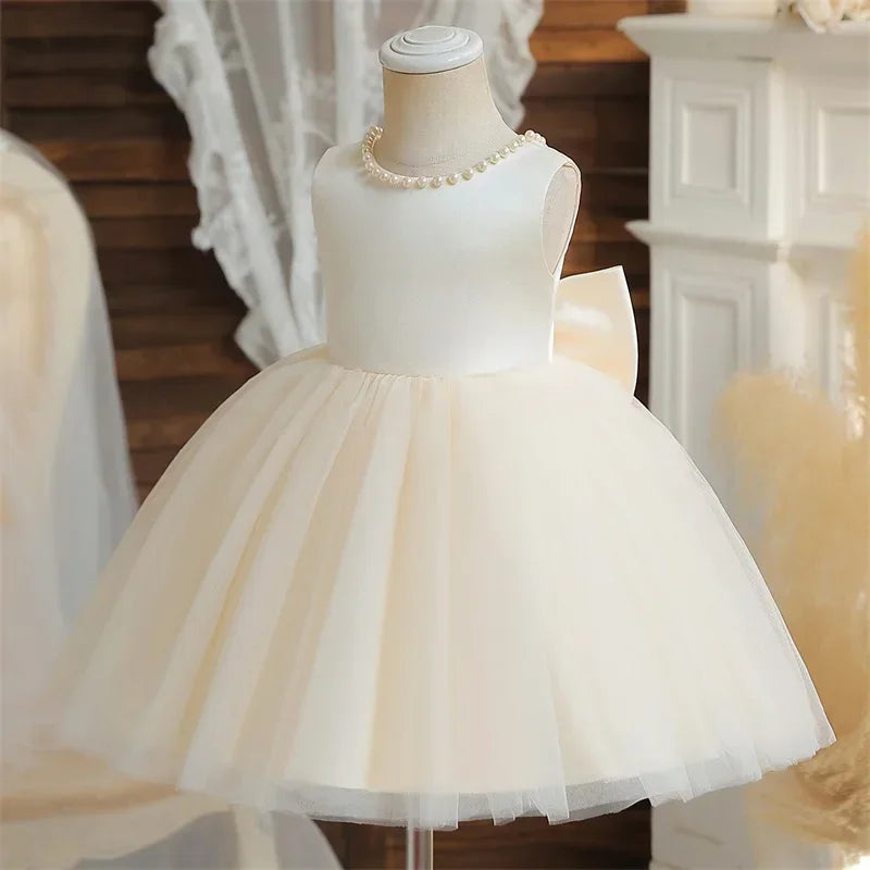 Baby Mädchen Kleid Große Schleife Perlen Rückenfrei 1. Geburtstag Party Kleid Säugling Mädchen Prinzessin Hochzeit Tüll Kleid Taufe Kleid 1-5J