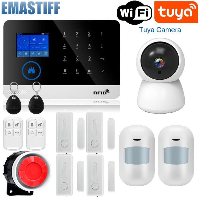 Alarmanlage 2025: Wireless Tuya APP SIM GSM Home RFID Burglar Security - LCD Touch Keyboard WIFI GSM Alarm System Sensor Kit Russian Spanish Voice Collection