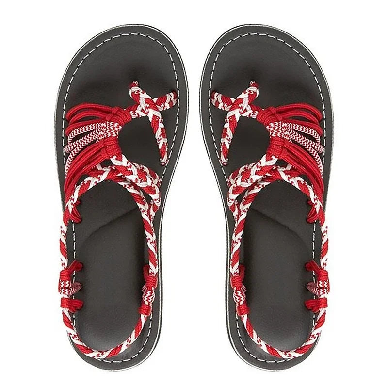 Women Summer Flip Flop Sandals Shoes Mixed Color Matching Rope Knot Beach Toe Roman Sandals Casual Comfortable Plus Size Shoes