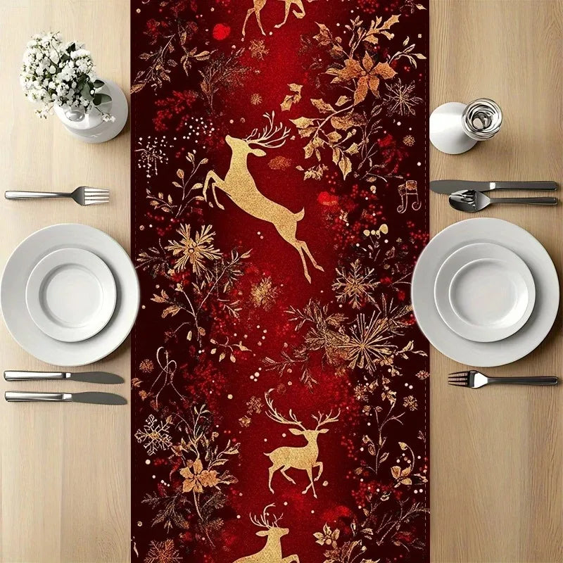 Christmas Table Runner many sizes 2D print burgundy gold snowflake linen feel polyester dining coffee warm