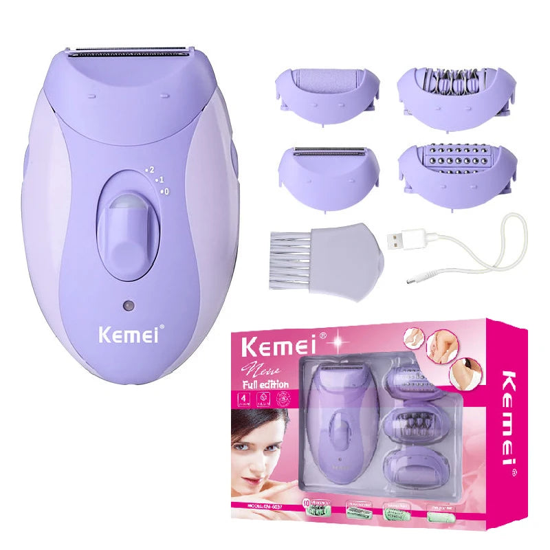 Kemei 4in1 Women Epilator Electric Shaver Facial Body Hair Removal Lady Leg Bikini Trimmer Hair Remover Underarms Rechargeable